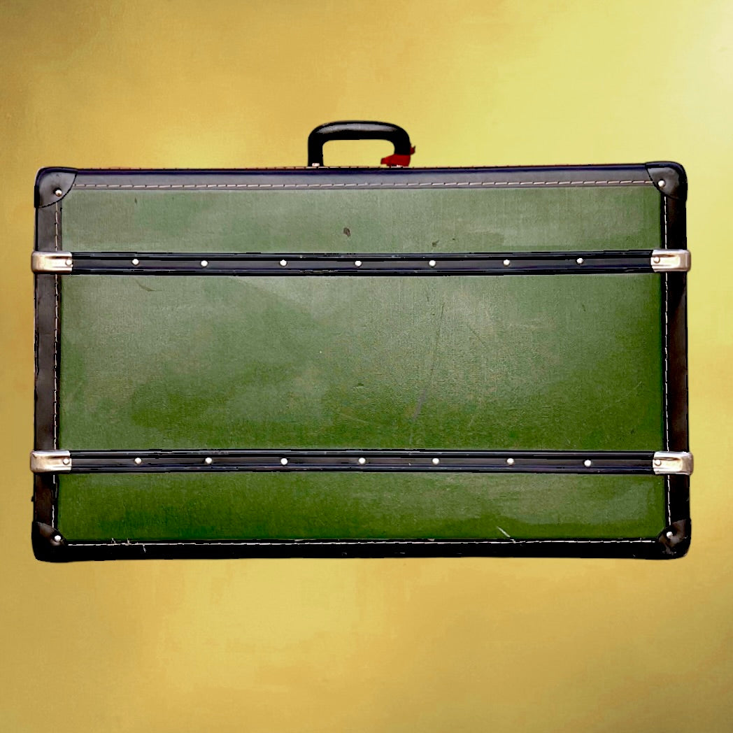 Grande valise vintage verte 1950 – malle ancienne fibre vulcanisée – bagage rétro déco – rangement vintage – trunk suitcase