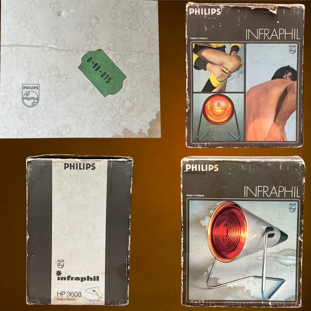 Lampe Infrarouge Philips Infraphil HP3608 en Métal et Bakélite avec Ampoule et Boîte d'Origine – Années 60-70