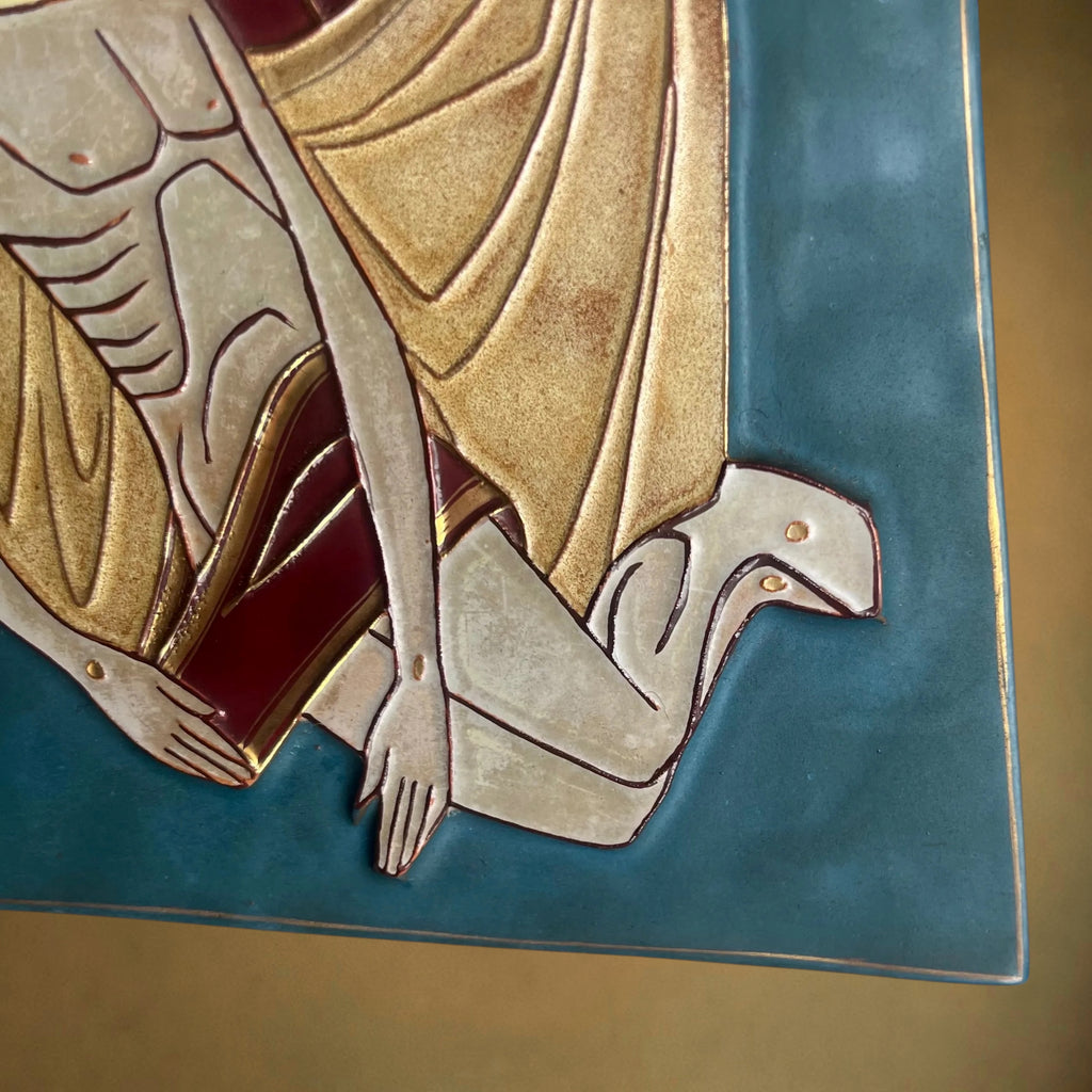 Plaque Murale Religieuse Pietà Moderniste en Céramique Partiellement Vernissée – Années 60