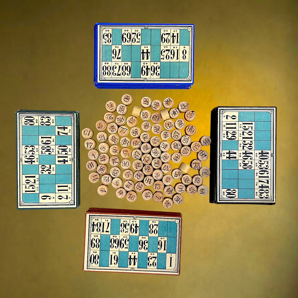 Ancien Jeu de Loto Complet avec 90 Jetons en Bois et 48 Cartes – Années 40-50