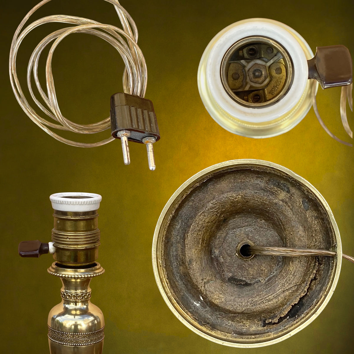 Lampe de Table en Laiton Massif avec Abat-Jour Effet Parchemin – Années 50-60