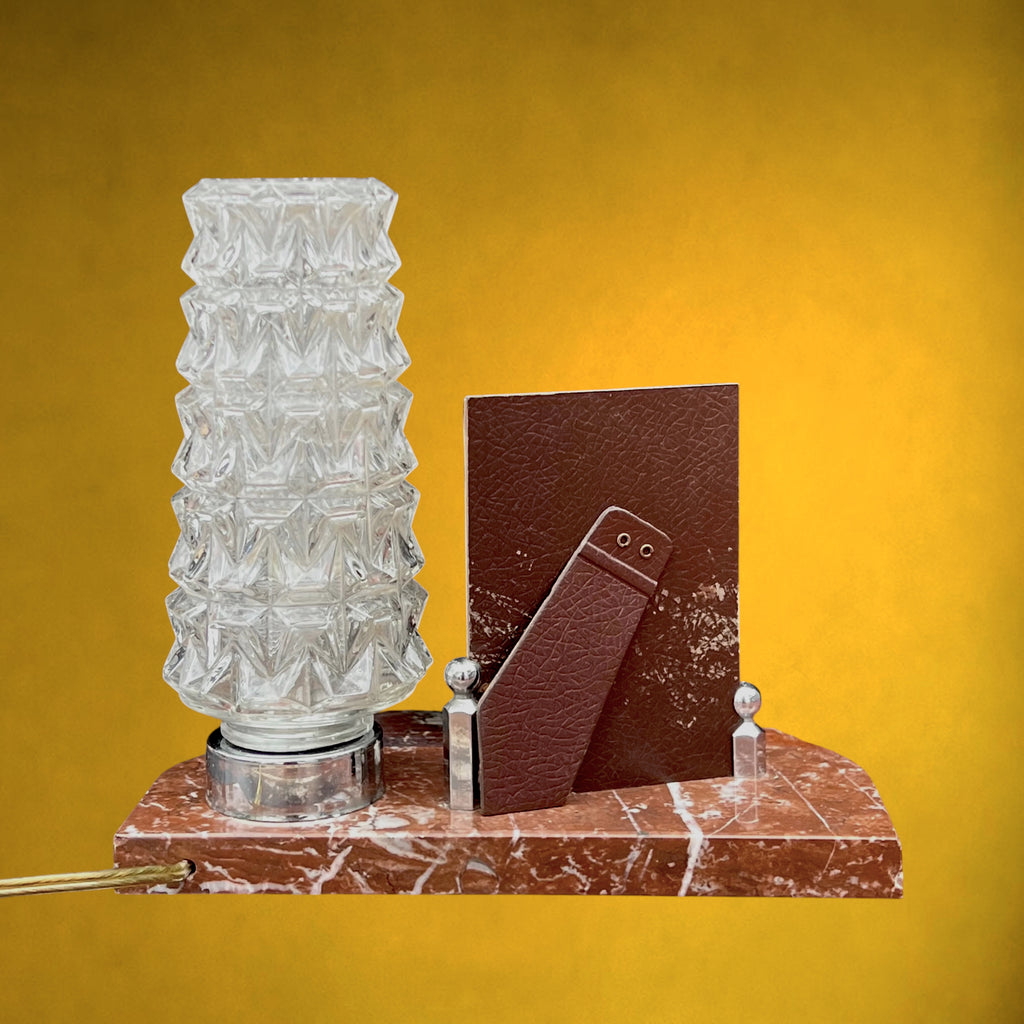 Lampe Porte-Photo en Marbre Rouge, Verre Moulé et Métal Chromé – Années 50-60