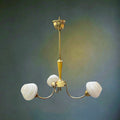 Lustre 3 Feux en Laiton Doré et Verre Strié – Années 50-60
