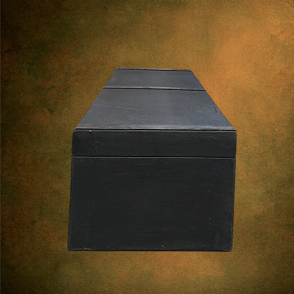 Ancienne Malle de Voyage en Bois et Toile Noire avec Poignée en Cuir – Années 40-50
