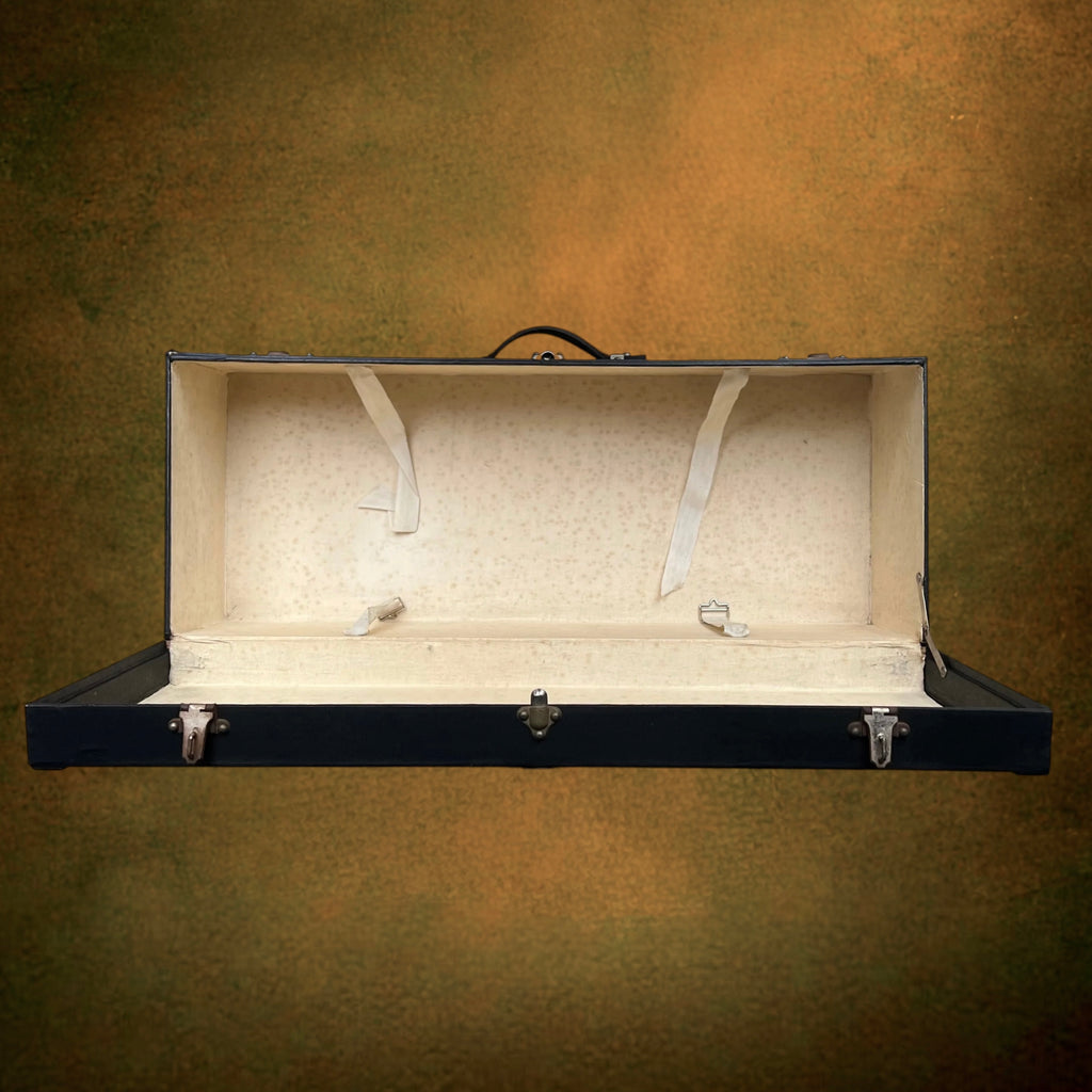 Ancienne Malle de Voyage en Bois et Toile Noire avec Poignée en Cuir – Années 40-50