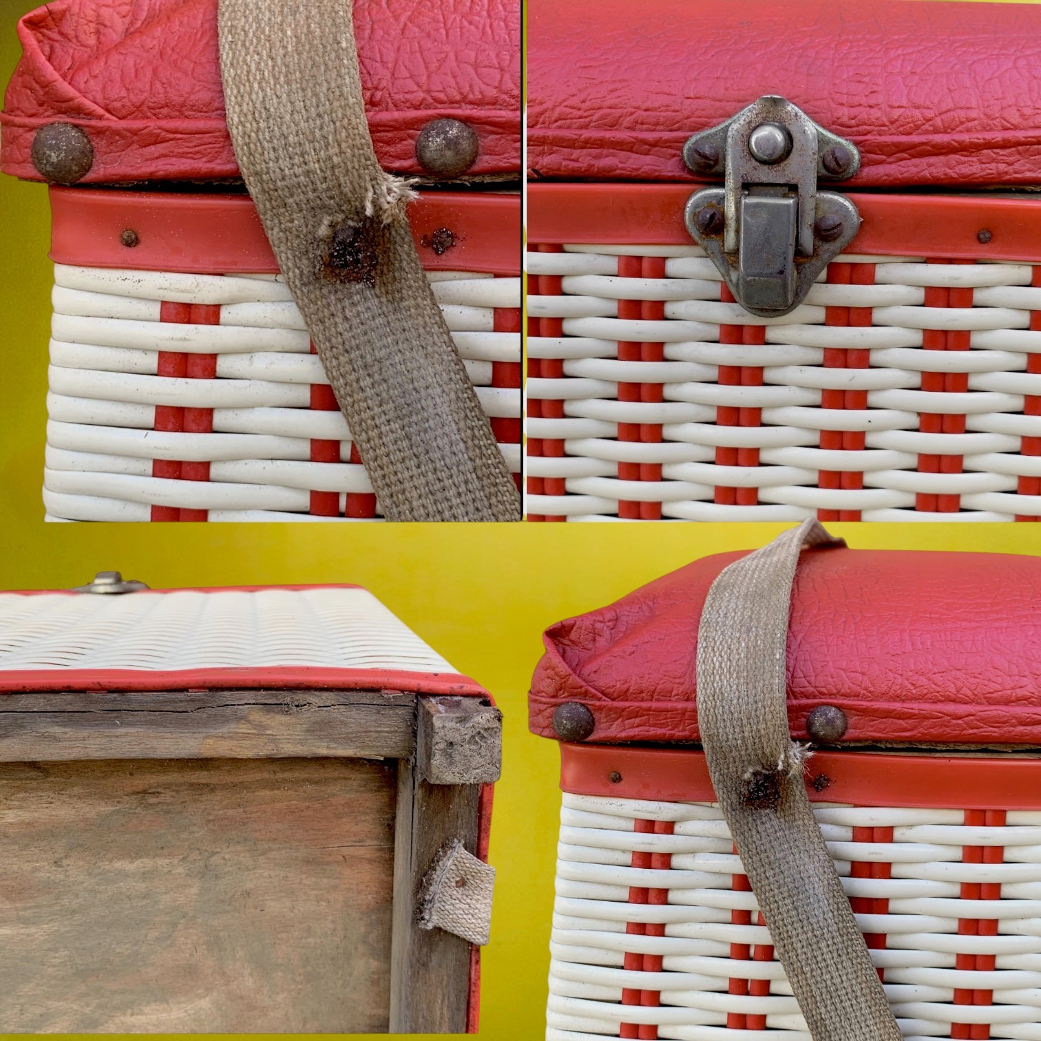 Créel vintage scoubidou rouge et blanc – siège de pêcheur années 60 – panier rétro en bois et skaï