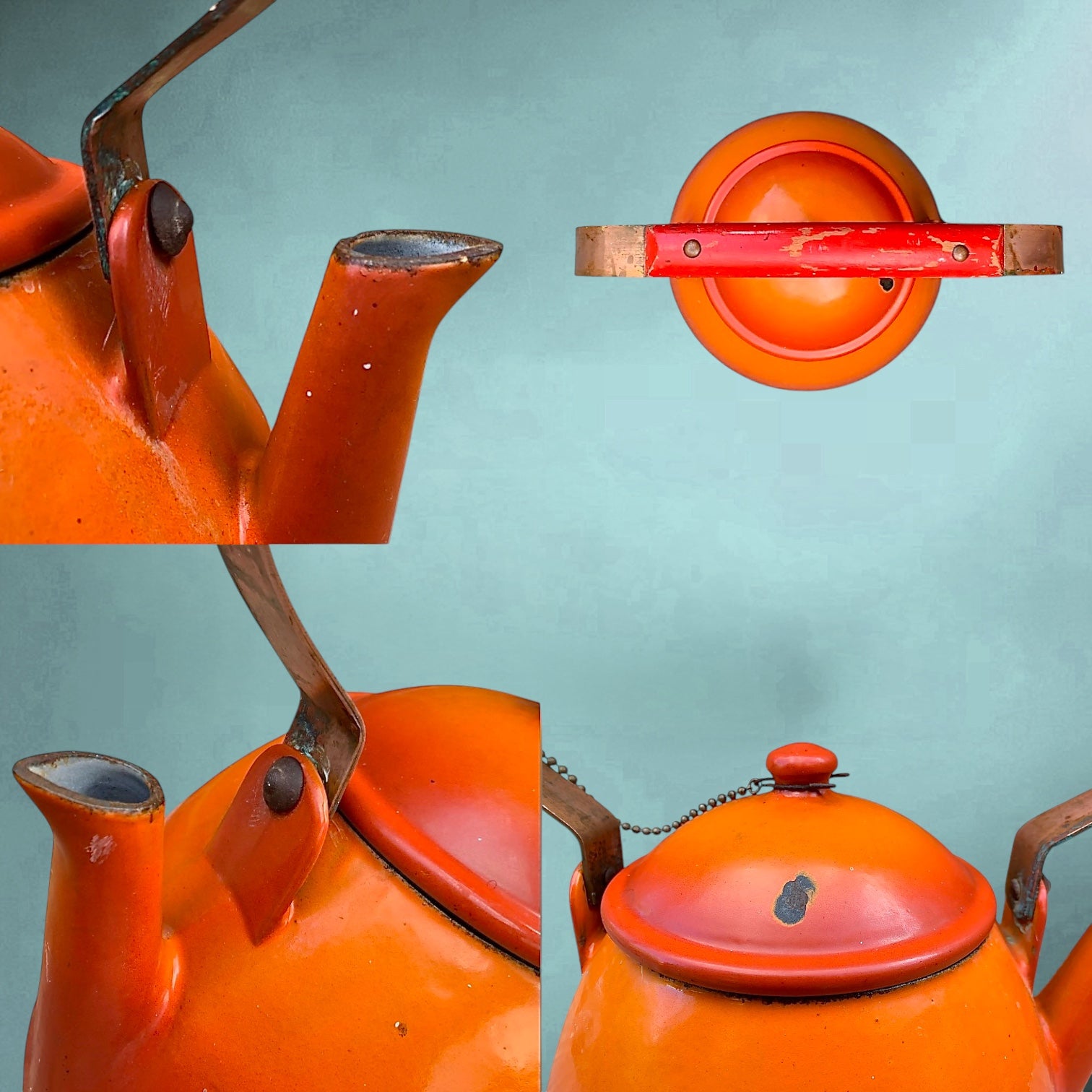 Ancienne bouilloire en fonte émaillée orange - années 50