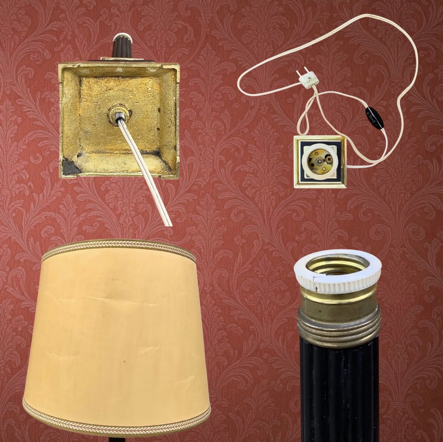 Lampe De Table Vintage À Colonne Noire Et Laiton Doré, Abat-Jour Ivoire – Années 60