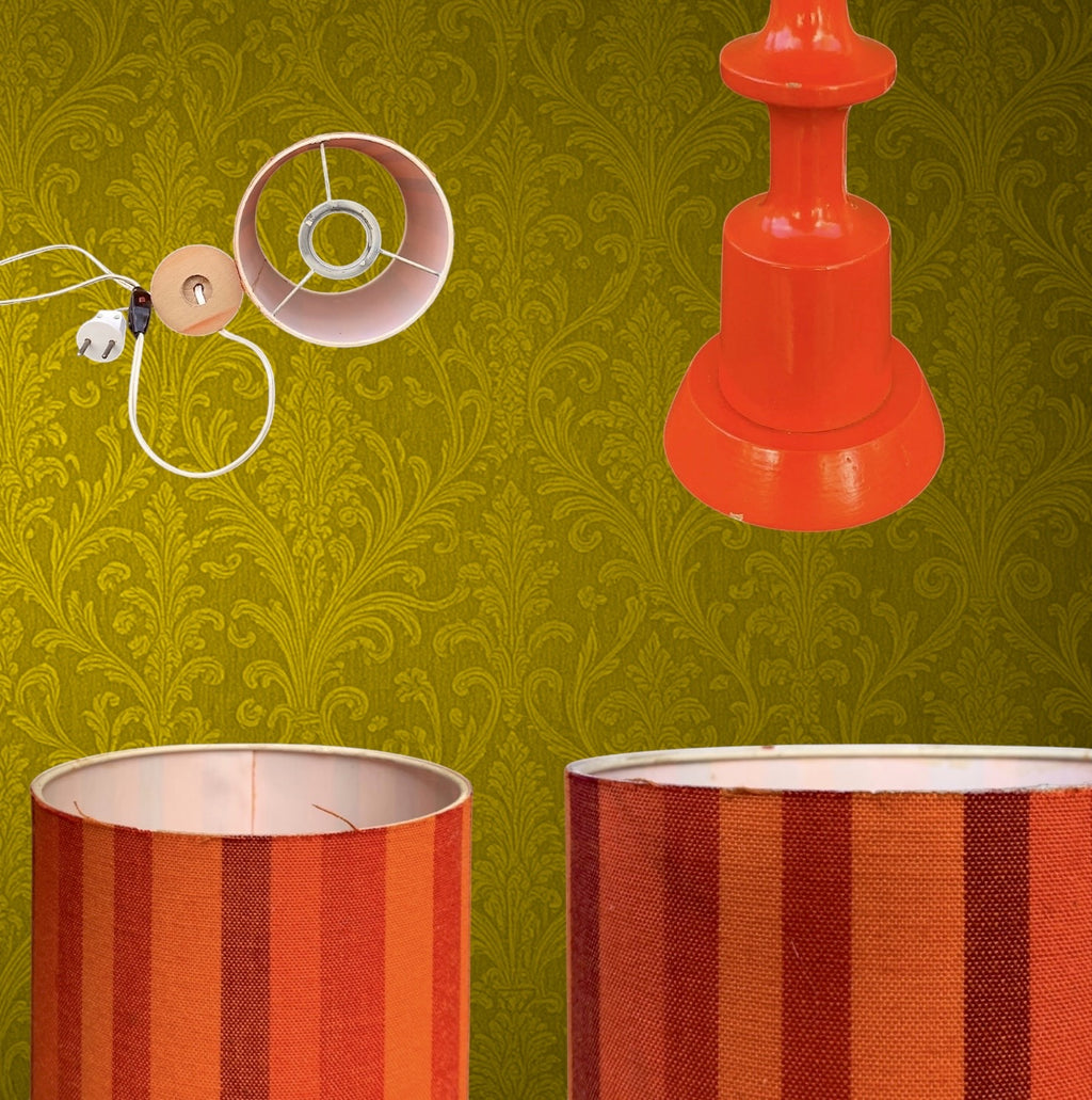 Lampe d’Appoint Orange Seventies avec Abat-Jour Rayé - Années 70