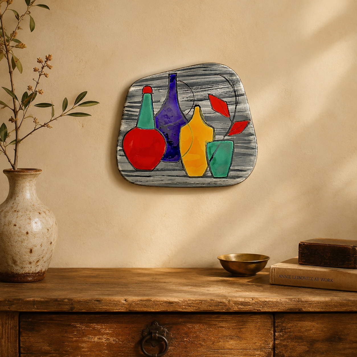 Plaque Murale en Céramique Émaillée à Décor de Nature Morte Moderniste - Années 50-60