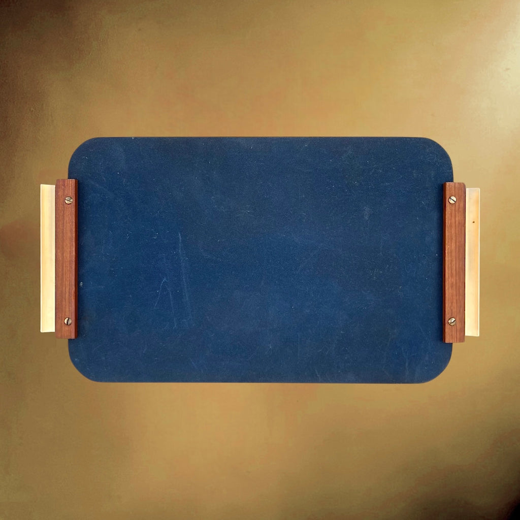 Ancien Plateau Miroir Rectangulaire à Poignées en Bois Verni et Aluminium Doré – Années 50-60