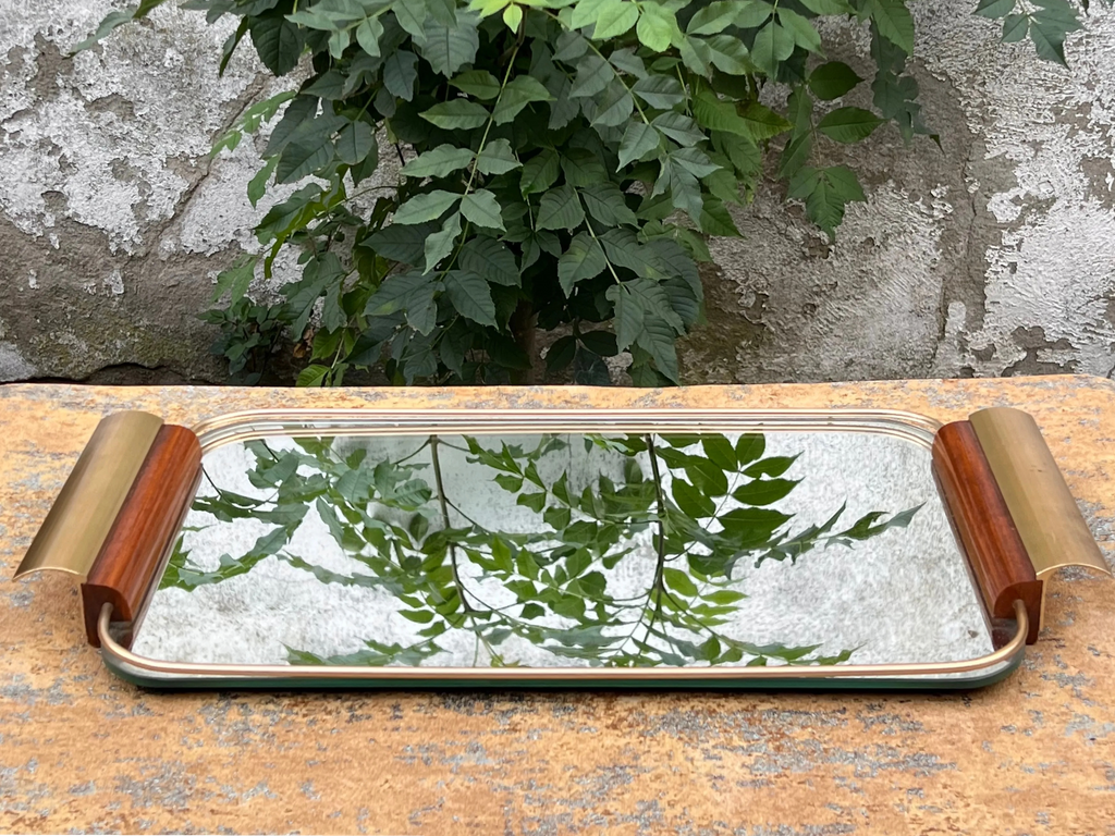 Plateau Miroir à Poignées en Bois et Métal Doré – Années 50-60