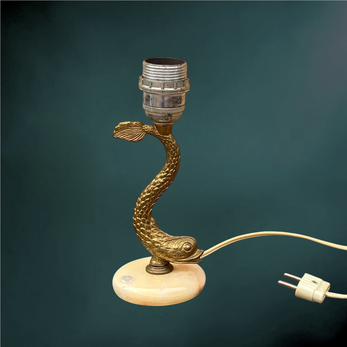 Pied de Lampe Poisson en Métal Doré et Onyx – Années 60