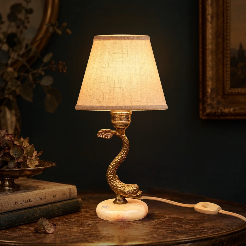 Pied de Lampe Poisson en Métal Doré et Onyx – Années 60