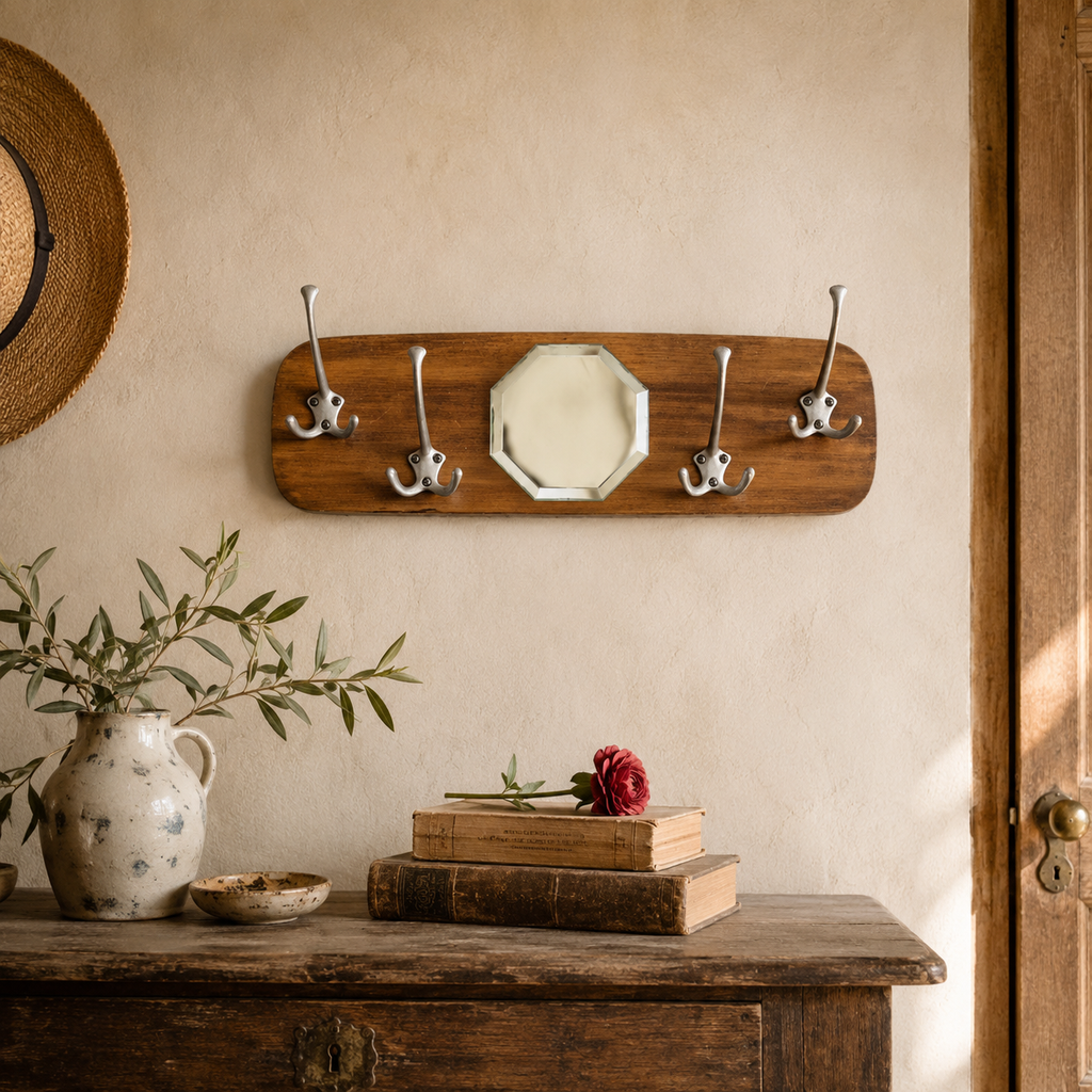 Portemanteau Mural Vintage en Bois avec Miroir Biseauté et 4 Patères - Années 50-60