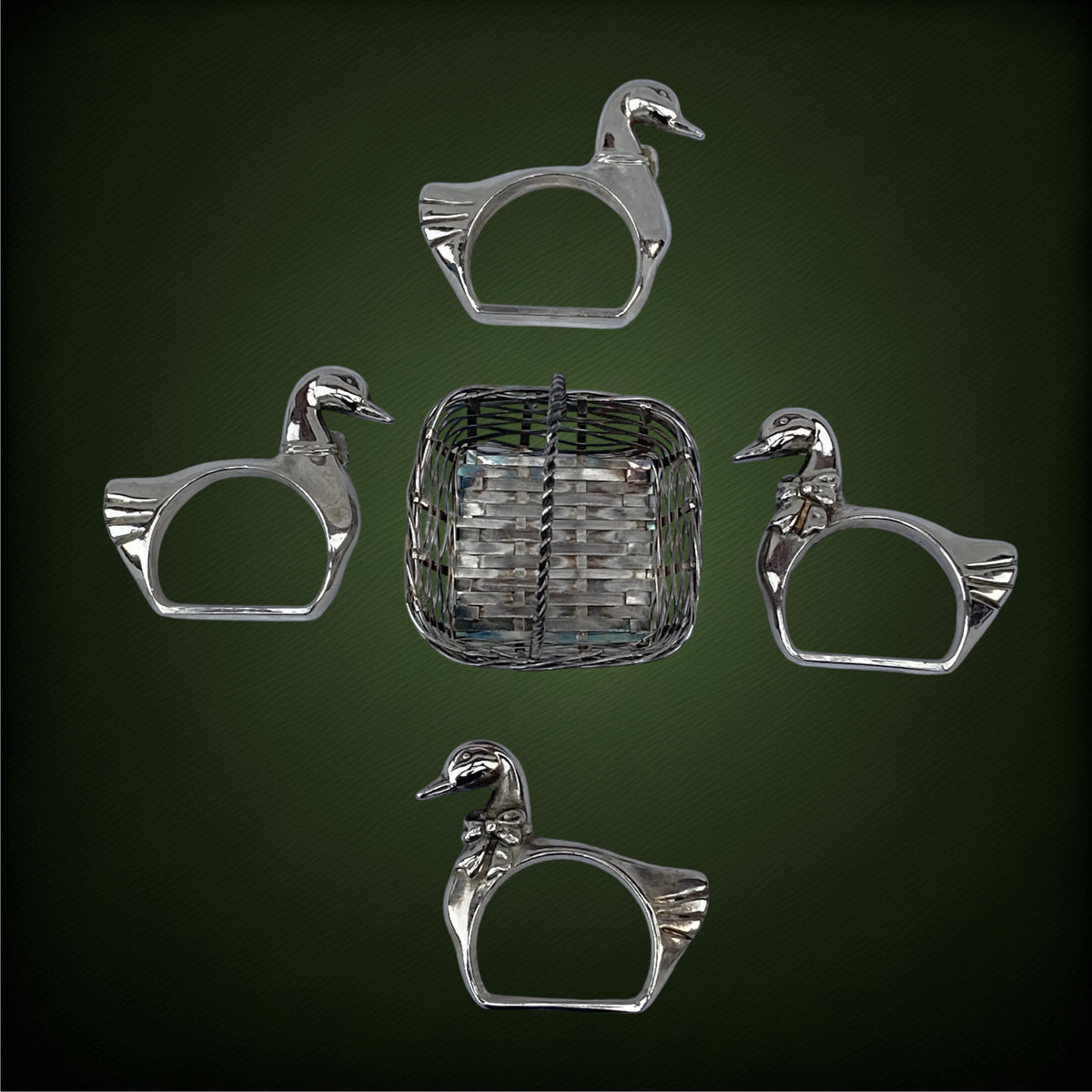 8 Ronds de Serviette Canards en Métal Argenté avec 2 Corbeilles et Boîtes d’Origine – Années 70-80
