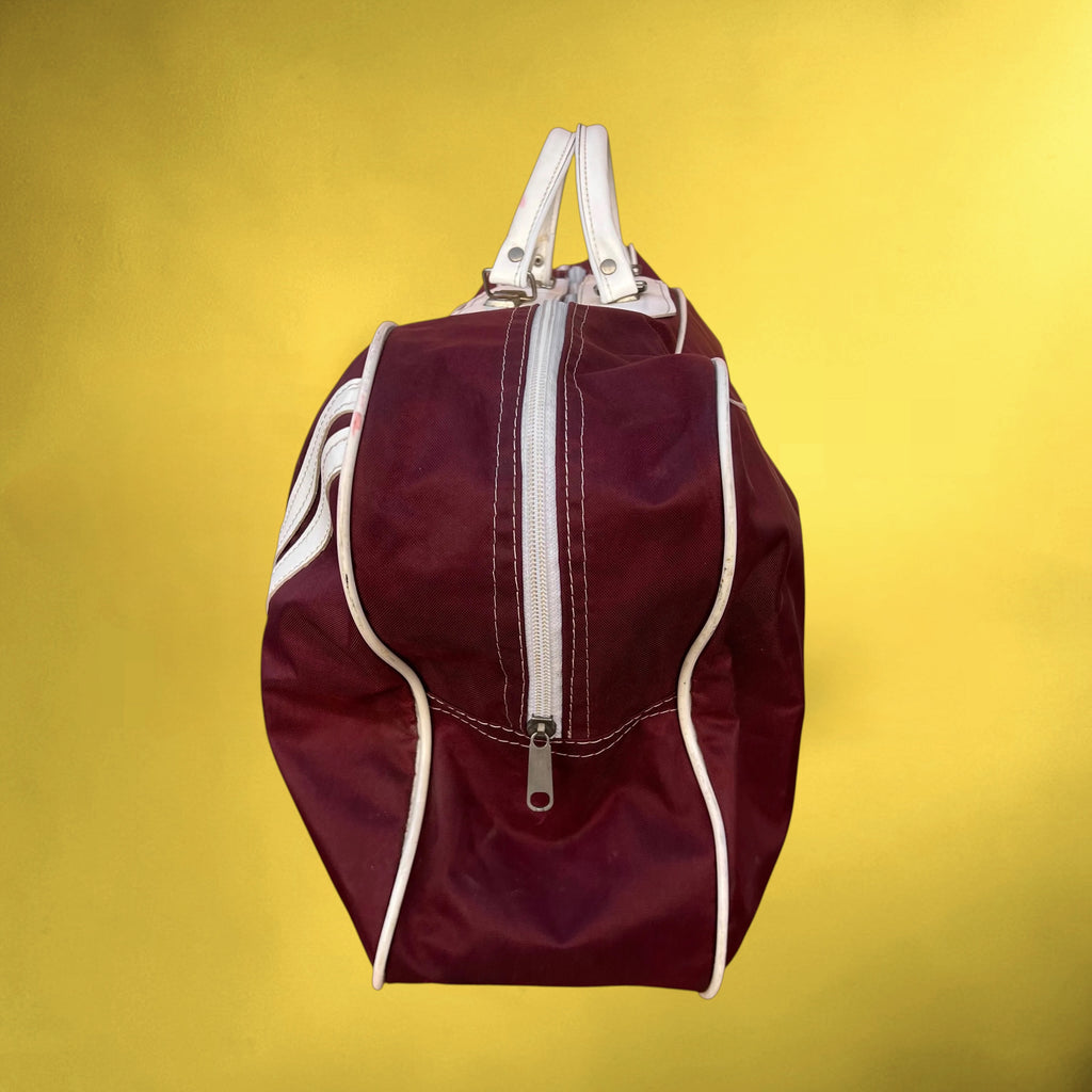 Grand Sac de Sport Publicitaire Banque Bruxelles Lambert BBL en Toile Bordeaux et Skaï Blanc – Années 80
