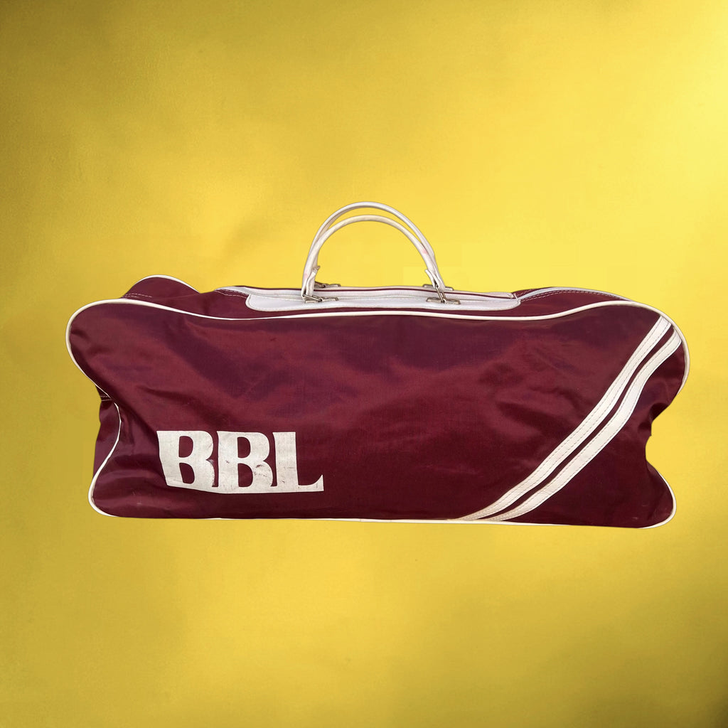 Grand Sac de Sport Publicitaire Banque Bruxelles Lambert BBL en Toile Bordeaux et Skaï Blanc – Années 80