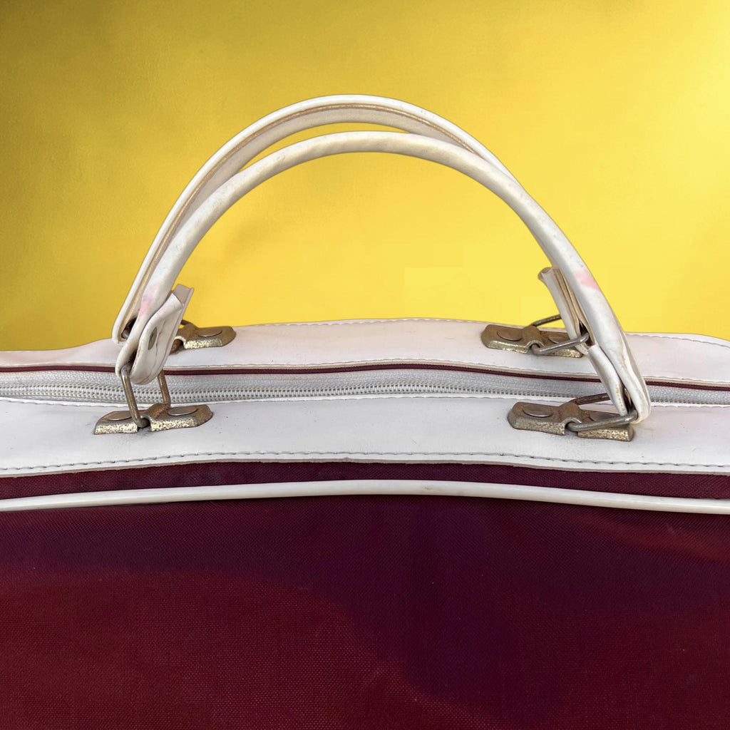 Grand Sac de Sport Publicitaire Banque Bruxelles Lambert BBL en Toile Bordeaux et Skaï Blanc – Années 80
