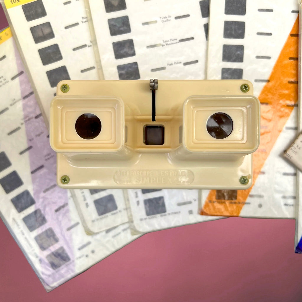 Stéréoscope Lestrade Simplex en Plastique Ivoire avec Boîte et 5 Cartes de Vues – Années 60