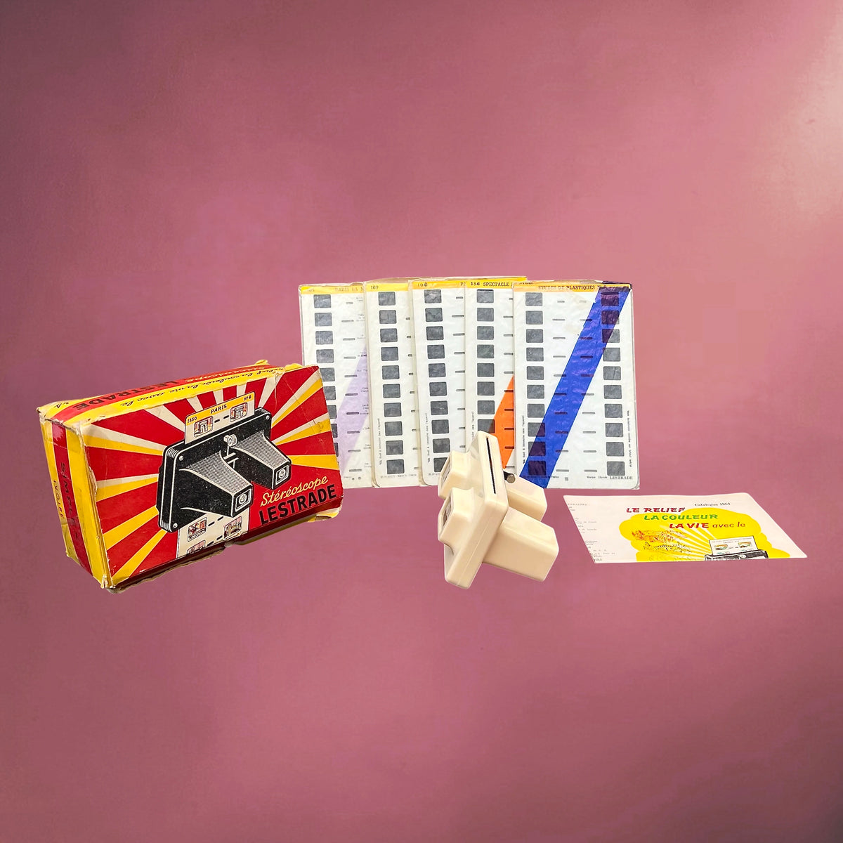 Stéréoscope Lestrade Simplex en Plastique Ivoire avec Boîte et 5 Cartes de Vues – Années 60