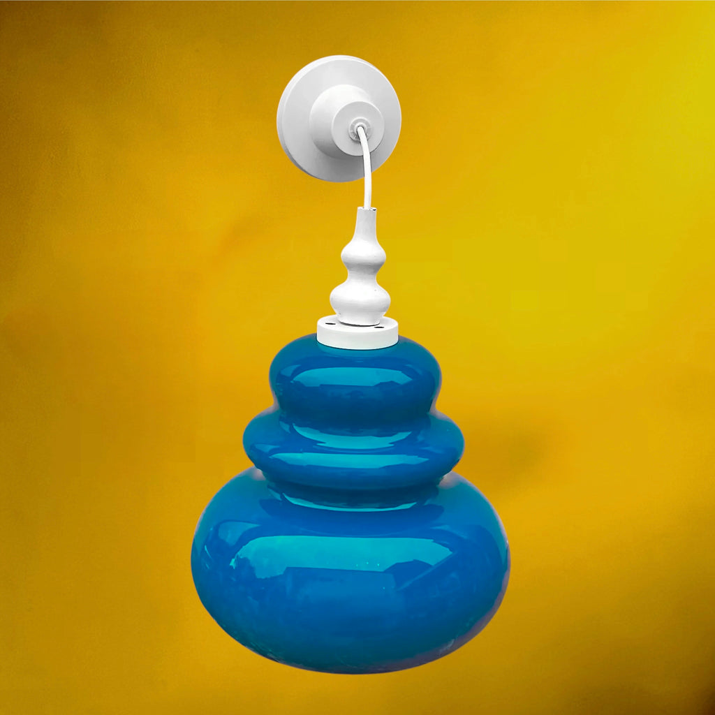 Suspension en Verre Bleu Turquoise et Bois Peint Blanc – Années 70