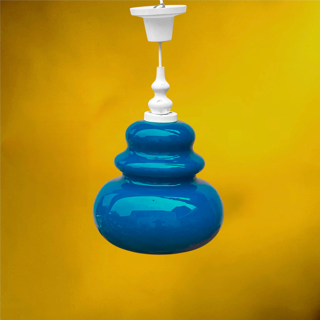 Suspension en Verre Bleu Turquoise et Bois Peint Blanc – Années 70