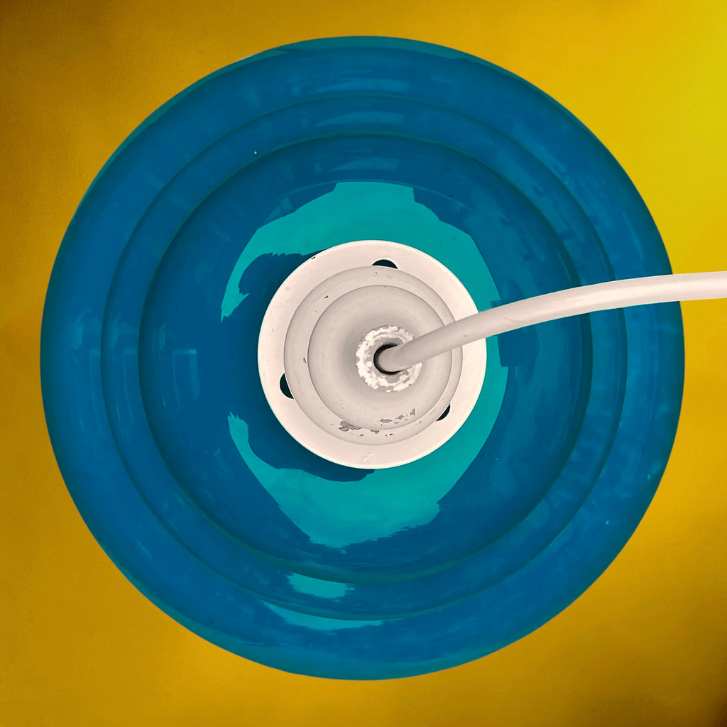 Suspension en Verre Bleu Turquoise et Bois Peint Blanc – Années 70