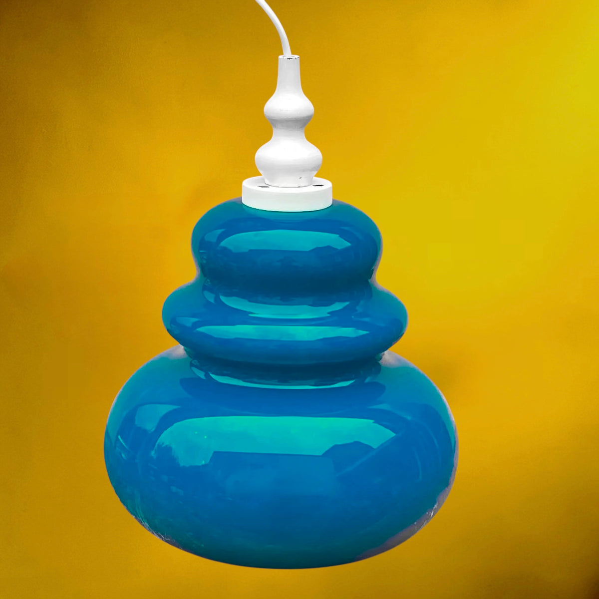 Suspension en Verre Bleu Turquoise et Bois Peint Blanc – Années 70