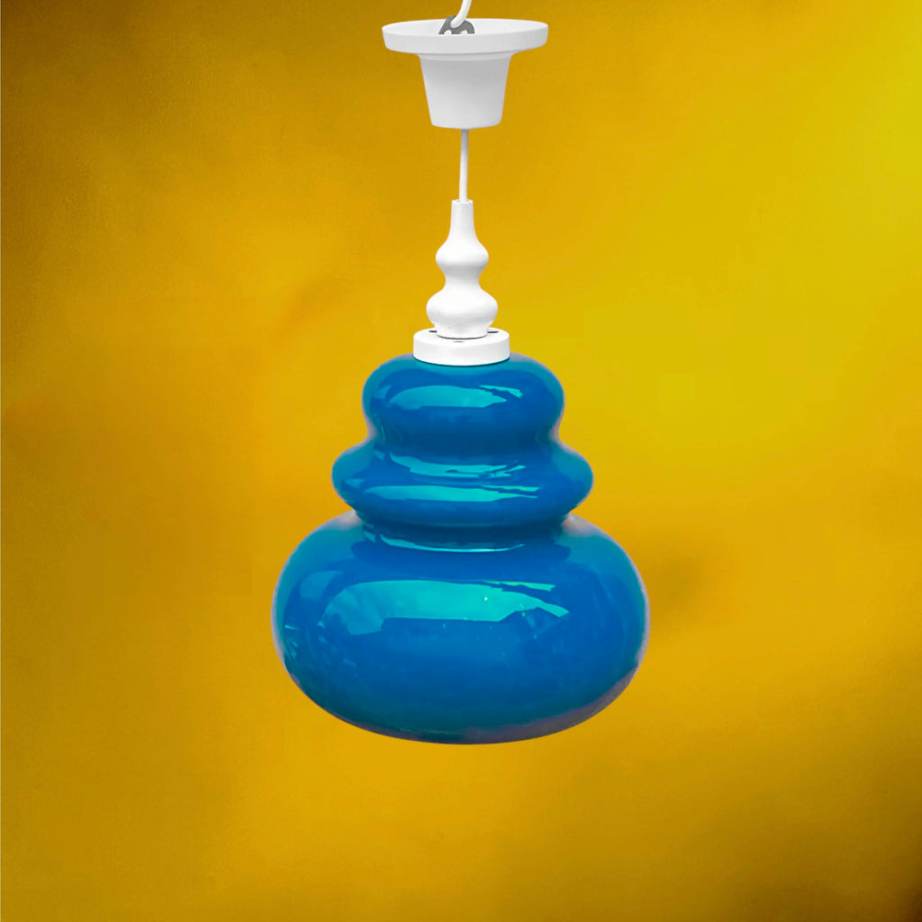 Suspension en Verre Bleu Turquoise et Bois Peint Blanc – Années 70