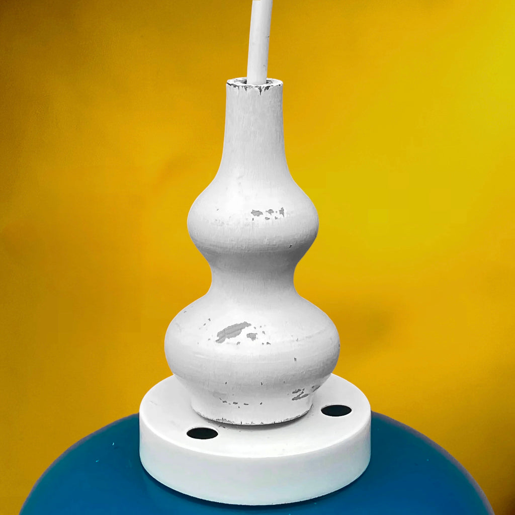 Suspension en Verre Bleu Turquoise et Bois Peint Blanc – Années 70
