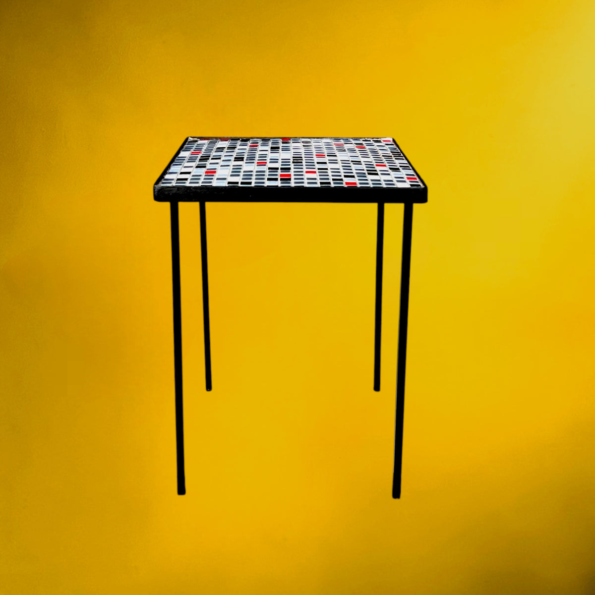Table d’Appoint en Fer Forgé Noir et Mosaïque de Verre – Années 50-60