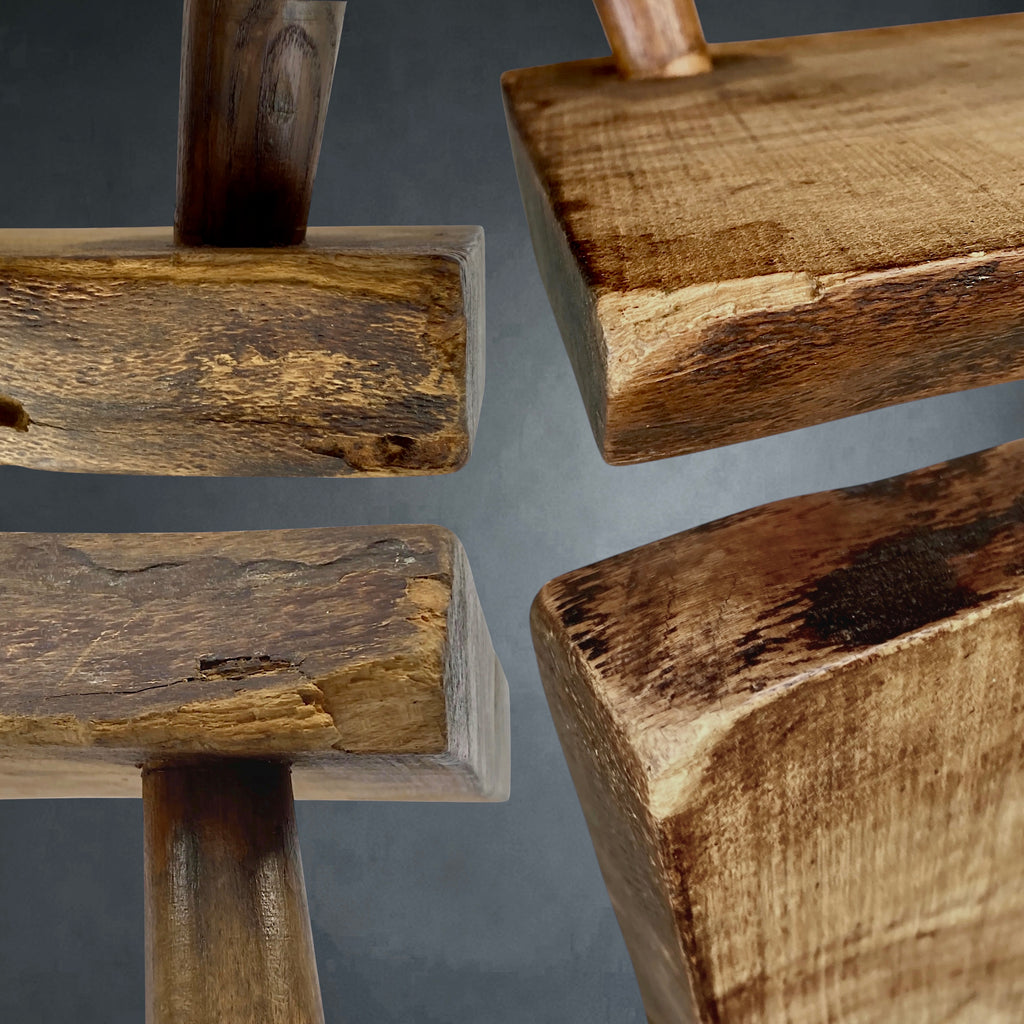 Tabouret Tripode Ancien en Bois Massif, Mobilier Rustique de Ferme – Années 30-50