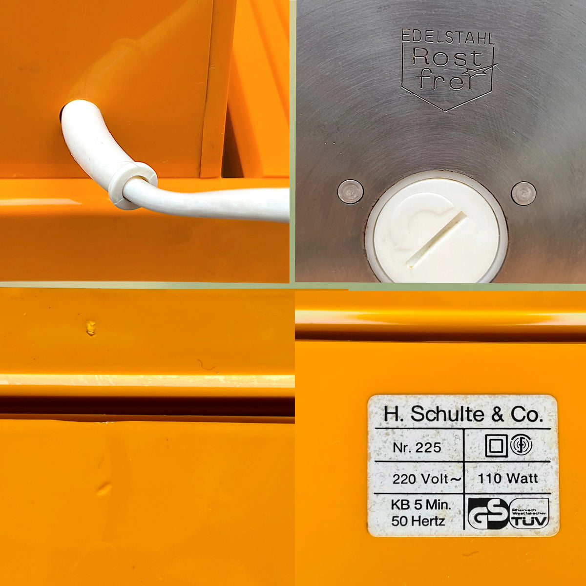 Trancheuse Électrique Schulte 225 en Plastique Orange et Acier Inoxydable – Années 70 – Allemagne de l'Ouest