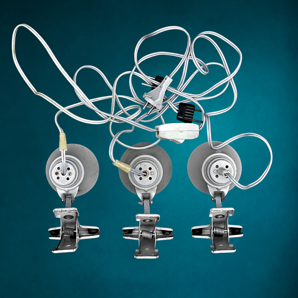 Lot de 3 Lampes à Pince Philips en Métal Peint Gris – Éclairage Industriel – Années 50-60