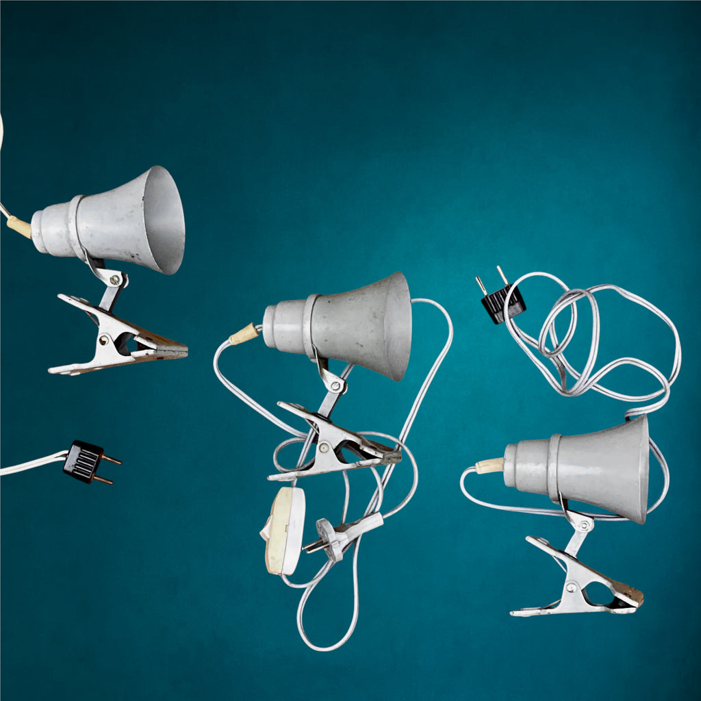 Lot de 3 Lampes à Pince Philips en Métal Peint Gris – Éclairage Industriel – Années 50-60