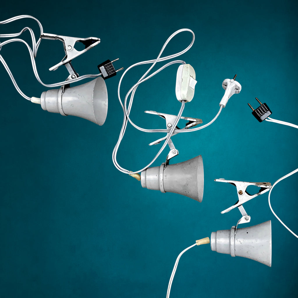 Lot de 3 Lampes à Pince Philips en Métal Peint Gris – Éclairage Industriel – Années 50-60