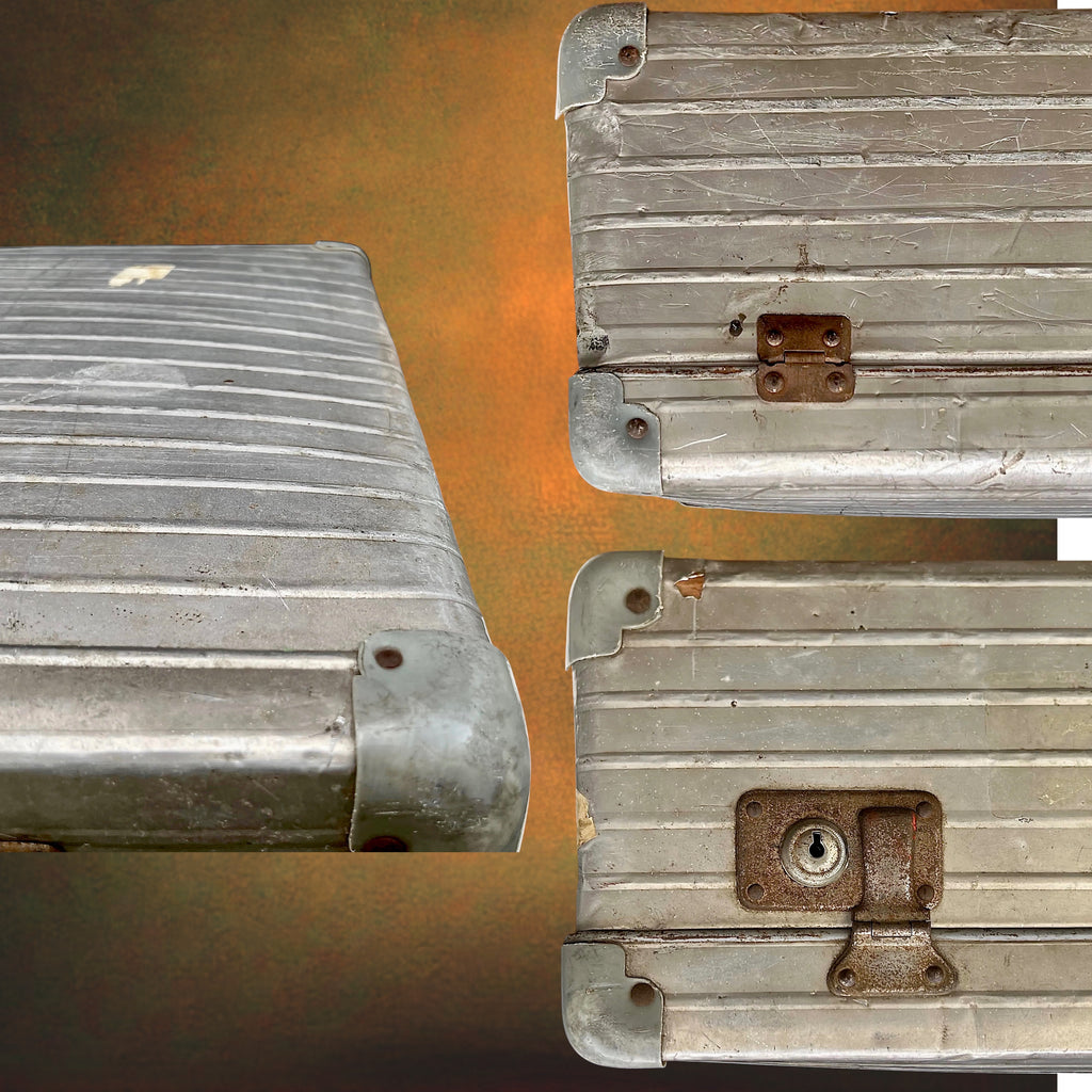 Grande Valise en Aluminium Nervuré avec Intérieur à Carreaux – Années 50-60