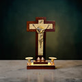 crucifix-autel-bois-metal-dore-bougeoirs-annees50-60
