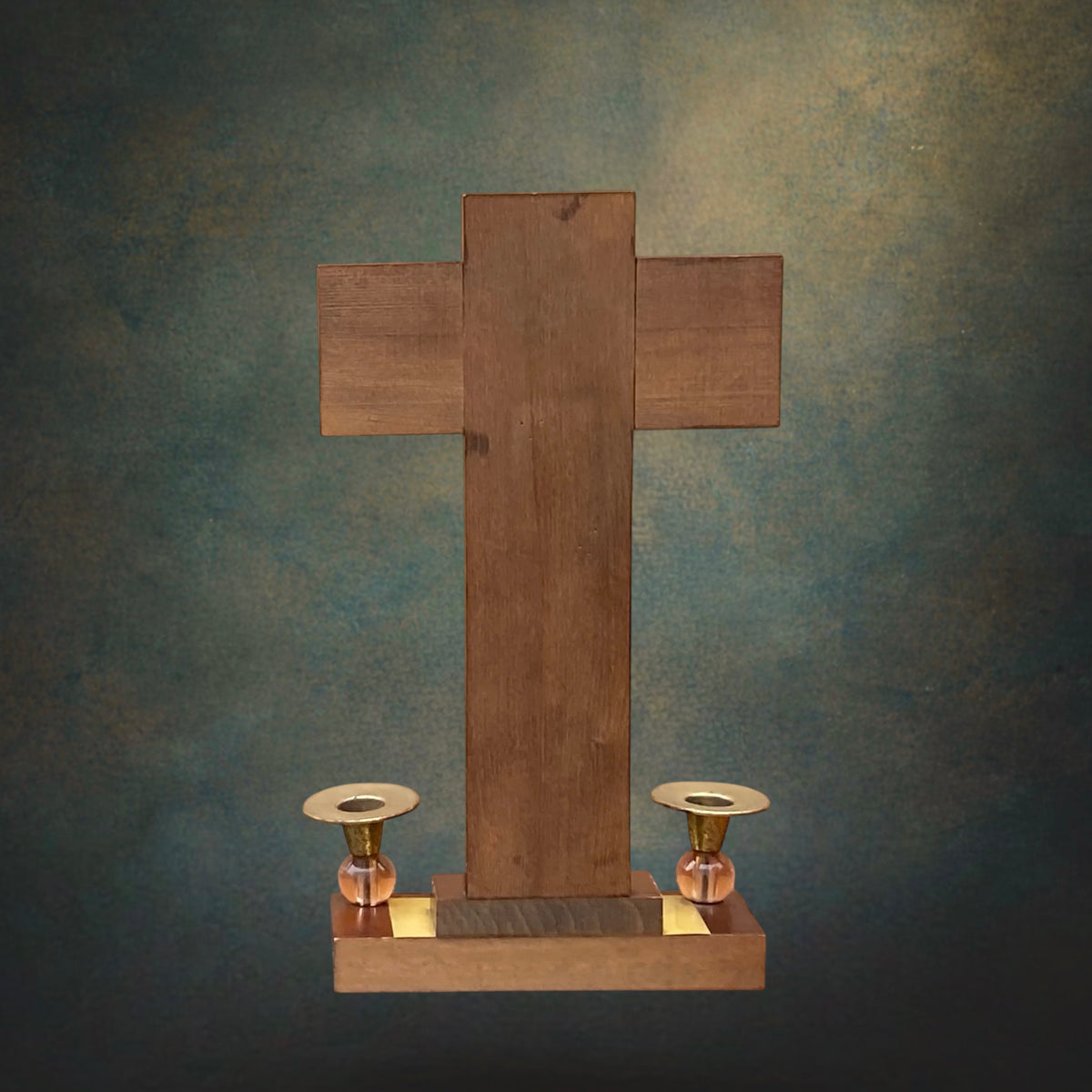 Crucifix d’Autel en Bois et Métal Doré avec Deux Bougeoirs – Années 50-60