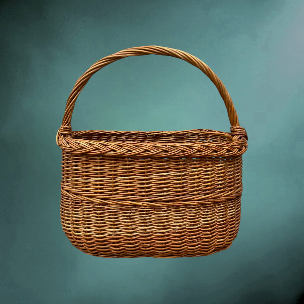 Grand Panier en Osier Tressé à Anse – Vannerie Ancienne Années 60-70