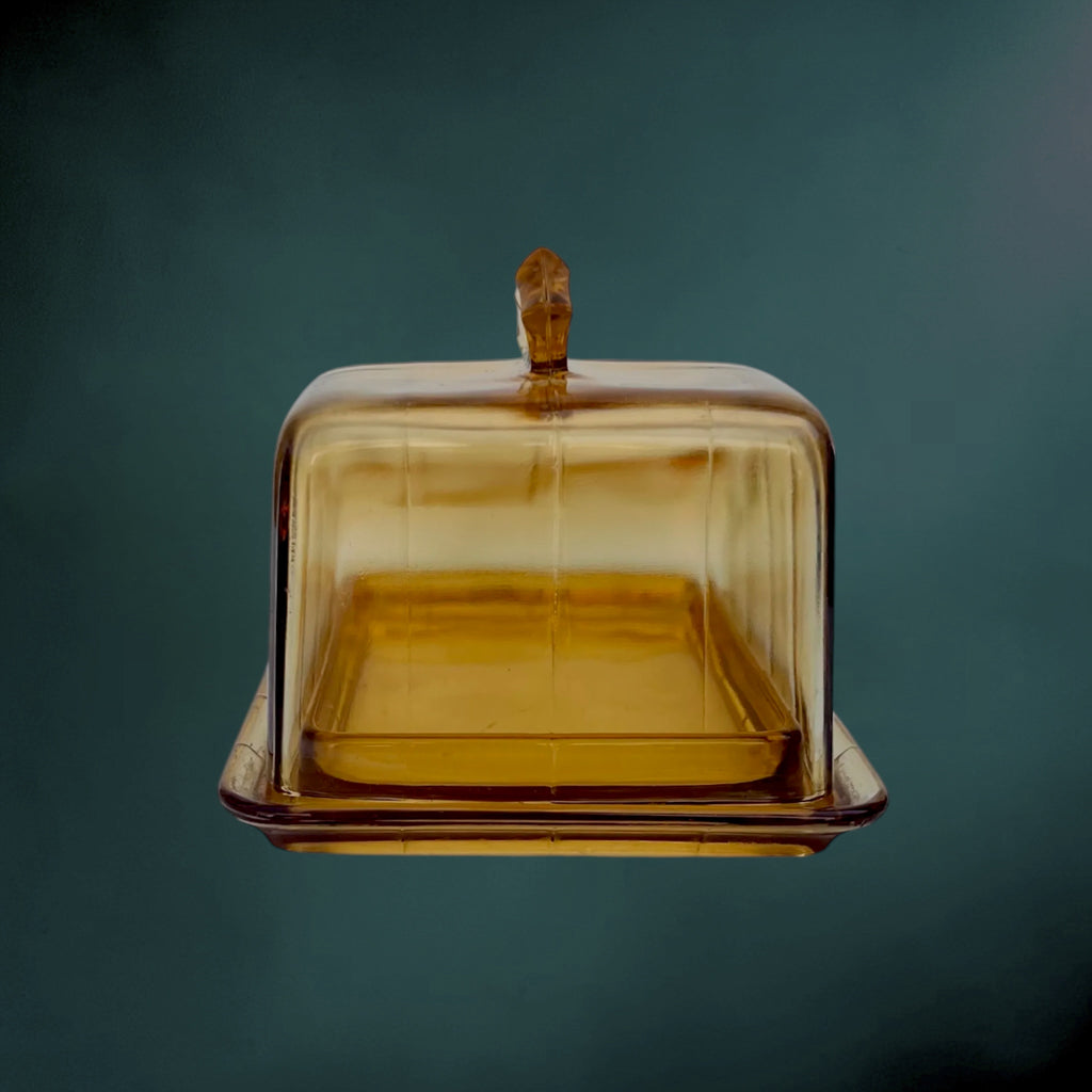 Beurrier Couvert en Verre Ambré Moulé – Style Art Déco - Années 60 70