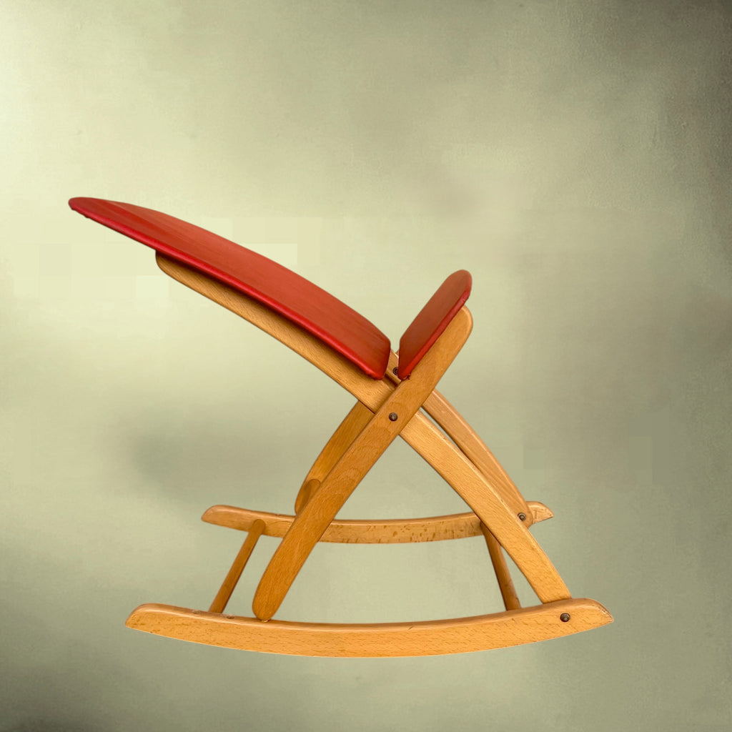 Chaise à Bascule Pliante Réglable en Hêtre et Skaï Rouge – Années 50-60