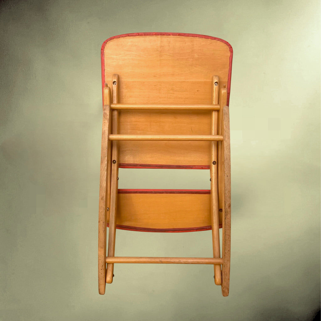 Chaise à Bascule Pliante Réglable en Hêtre et Skaï Rouge – Années 50-60
