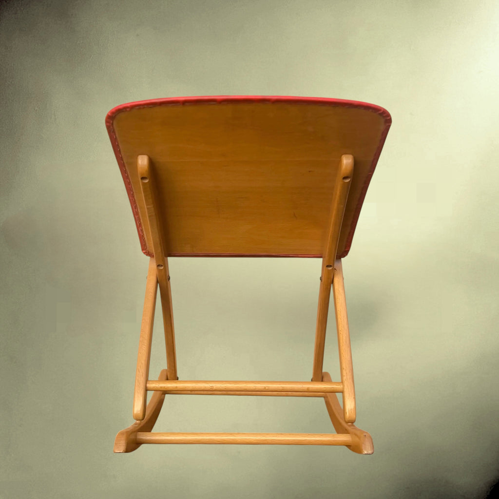 Chaise à Bascule Pliante Réglable en Hêtre et Skaï Rouge – Années 50-60