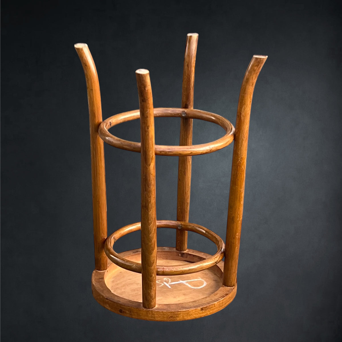 Ancien Tabouret Haut de Bistrot en Bois Courbé et Plateau à Décor Floral, Style Thonet – Vers 1900