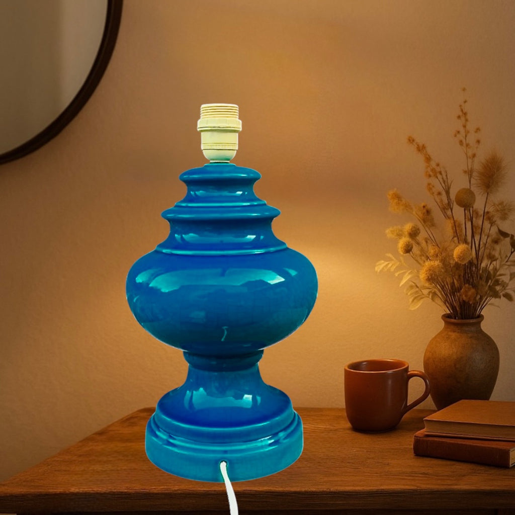 Pied de lampe vintage en céramique bleu canard – Années 60-70